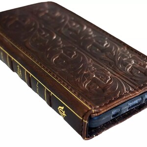 Echt leer voor One Plus Open hoesje Handgemaakte portemonnee Draadloos opladen Luxe decoraties Art Craft Bijbelontwerp kaartsleuven