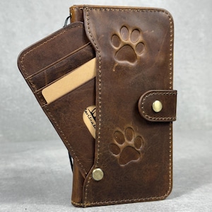 Custodia in vera pelle per OnePlus 6T 8 9 10 11 12 13 R PRO, portafoglio fatto a mano con ricarica wireless, porta carte, design artistico di lusso con stampa a zampa di cane