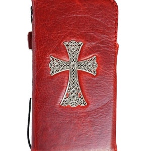 Funda de piel auténtica para Apple iPhone 16 15 14 13 12 11 Pro Max Wallet Xs Xr Diseño de arte vintage hecho a mano cruz