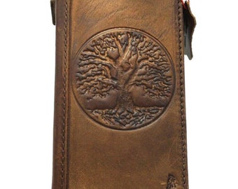Leather Galaxy Phone Wallet Case: Embossed Tree of Life, Vintage Style