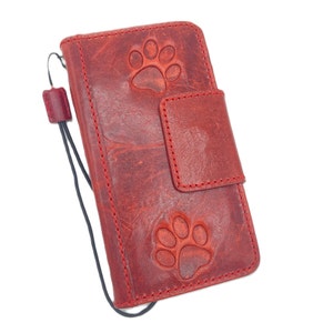 Funda de piel auténtica tipo cartera para Apple iPhone 11 12 13 14 15 16 Pro Max 6 7 8 plus SE XS Book Vintage Heat magnet Handmade Red Stamp Dog Cat