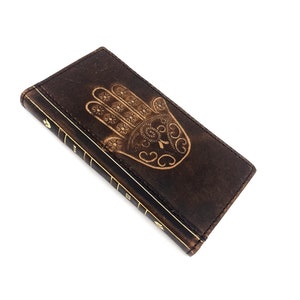 Portafoglio in vera pelle fatto a mano per Galaxy Z Fold 2 3 4 5 6, stile Bibbia, porta carte di credito, custodia Z FOLD, interamente realizzata a mano con design Hamsa Art.