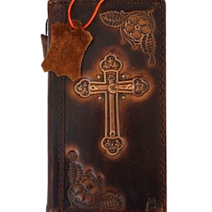 Funda de cuero genuino hecha a mano para Galaxy S20 S21 S22 S23 S24 Ultra Note 8 9 10 20 cartera libro de la Biblia Vintage Jesús Cross Art