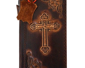 Étui en cuir véritable fait main pour Galaxy S20 S21 S22 S23 S24 Ultra Note 8 9 10 20 portefeuille livre biblique vintage croix de jésus art