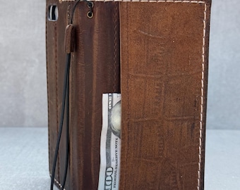 Genuine Leather iPhone Wallet Case: Vintage Book Style, Card Slots