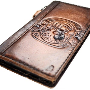 Étui en cuir véritable pour Apple iPhone 16 11 12 13 14 15 Pro Max 7 8 plus Mini SE XS portefeuille livre vintage fentes pour cartes couverture renne art gaufrage