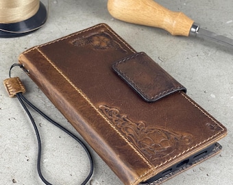 Handmade Leather Wallet Case for Google Pixel: Vintage Magnetic Cover