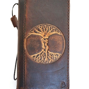 Funda de cuero genuina hecha a mano tipo billetera para Apple iPhone 16 E 15 14 13 12 11 Pro Max 6 7 8 plus SE XS Mini billetera tipo libro con diseño de árbol de la vida vintage