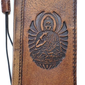 Funda de piel auténtica para Galaxy S21 S22 S23 S24 A53 Ultra FE Note 10 20 Ultra Cartera hecha a mano Ranuras para tarjetas Libro de lujo Buda Vintage