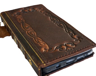 Handmade Leather Book iPhone Case: Vintage Art Design Wallet Cover
