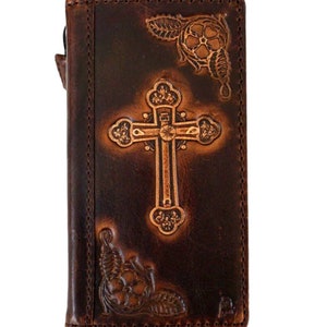 Funda de cuero genuina hecha a mano para Apple iPhone 16 15 14 13 12 11 Pro Max 6 7 8 plus SE XS MINI Cartera con libro de la Biblia Cruz de Jesús vintage