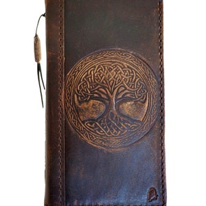 Custodia in vera pelle per iPhone 16 11 12 13 14 15 Pro Max 7 8 plus SE XS Portafoglio Libro Porta Carte Cover Albero della Vita Lusso Arte Fatto a Mano