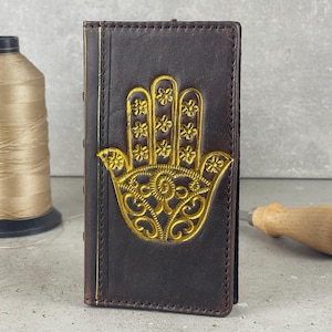 Cuir véritable fait main pour Galaxy Z Fold 2 3 4 5 6 livre portefeuille art style bible carte de crédit Z pli doré Hamsa art couverture faite main