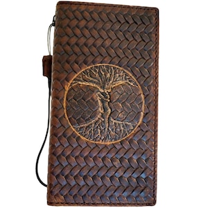 Funda de cuero genuino para iPhone 11 12 13 14 15 Pro Max 7 8 plus SE XS Cartera Libro Vintage Ranuras para tarjetas de crédito Cubierta Árbol de la vida Arte de lujo