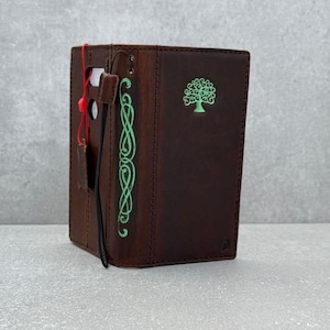 Funda de piel auténtica para iPhone 11 12 13 14 15 16 Pro Max 7 8 plus SE XS Cartera tipo libro Ranuras para tarjetas de crédito Vintage Árbol de la vida Arte de lujo
