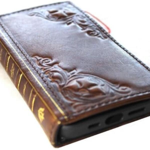 Genuine Leather For Apple iPhone 11 12 13 14 15 Pro Max 6 7 8 Plus SE Case Book Vintage Style Credit Card Slots Cover Art