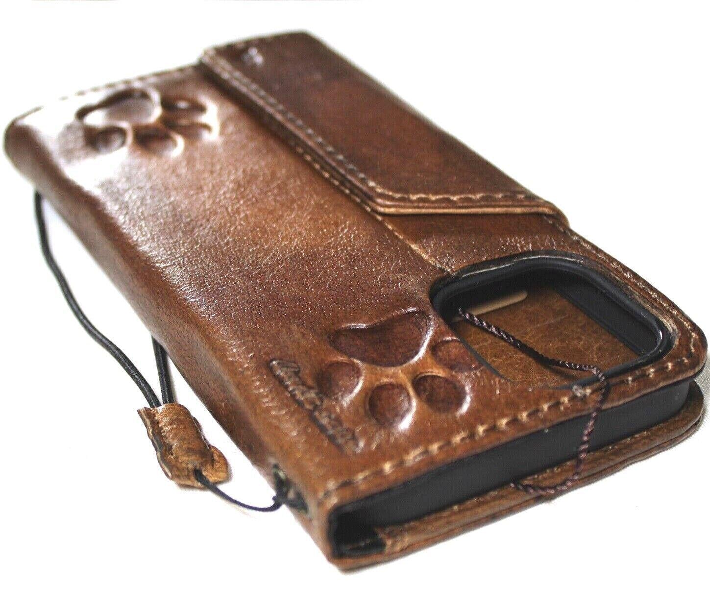 Genuine Leather Case Wallet For Apple iPhone 16 11 12 13 14 15 Pro Max 6 7 8 plus SE 2020 XS  Book Paw Stamping DogVintage  ID Window Card