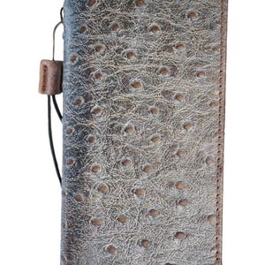 Funda de piel auténtica tipo cartera para iPhone 11, 12, 13, 14, 15, 16 Pro Max, 6, 7, 8 Plus, SE 2020, XS, MINI, estilo avestruz vintage, ranuras para tarjetas