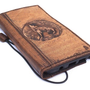 Custodia in vera pelle per Apple iPhone 16 11 12 13 14 15 Pro Max 7 8 plus SE XS Portafoglio Libro Vintage Art Stone Wash lucidatura oliata Wolf Stamp