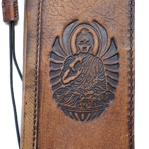Funda de cuero genuino tipo billetera para Apple iPhone 11 12 13 14 15 Pro Max 6 7 8 plus SE 2020 XS MINI Book Vintage Funda con ranuras para tarjetas Buddha Vintage