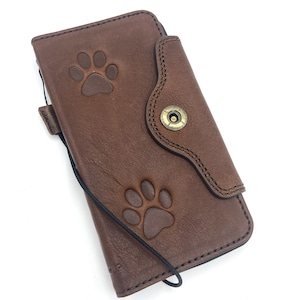Funda de piel auténtica para Galaxy S21, S22, S23, S24, A53, Ultra FE, Note 10, 20 Ultra, hecha a mano, con ranuras para tarjetas y diseño de estampado de gato y perro.