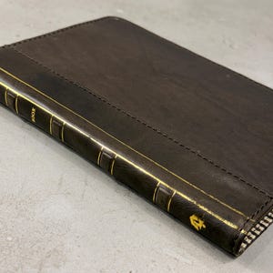 Può includere: Un libro in pelle marrone scuro con dettagli dorati. Il dorso presenta la scritta dorata "BOOK". I bordi sono rifiniti in oro e un piccolo emblema dorato è visibile nell'angolo in basso a destra.