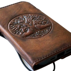 Funda de piel auténtica para Apple iPhone 16 15 14 13 12 11 Pro Max Billetera Xs Xr Diseño de arte vintage hecho a mano árbol de la vida