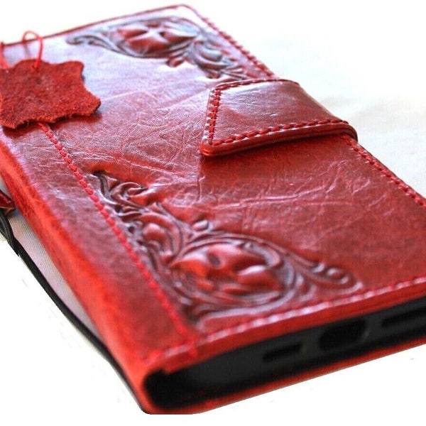 Genuine Leather Case Wallet For Apple iPhone 11 12 13 14 Pro Max 6 7 8 plus SE XS Book Vintage Heat Stamping Handmade Decorations Cover Red