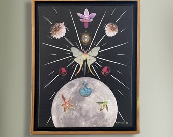 Luna Moth Moon Collage Art, Channeled Meditation Painting, Zodiac Astrology Artwork