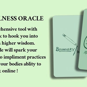 Puede incluir: Dos cartas de or&aacute;culo con el texto "THE WELLNESS ORACLE" y "CONNECT WITH Breath". Una carta presenta un dibujo a l&aacute;piz y la palabra "BOUNDARY". La otra carta tiene una ilustraci&oacute;n de pulmones. El fondo es verde claro.