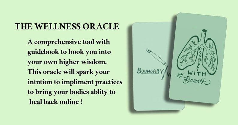 Puede incluir: Dos cartas de or&aacute;culo con el texto "THE WELLNESS ORACLE" y "CONNECT WITH Breath". Una carta presenta un dibujo a l&aacute;piz y la palabra "BOUNDARY". La otra carta tiene una ilustraci&oacute;n de pulmones. El fondo es verde claro.