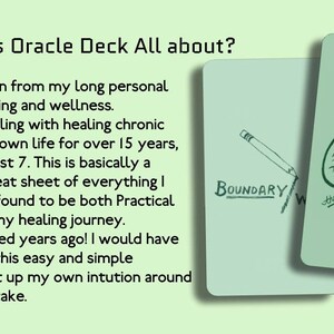 Puede incluir: Juego de cartas de or&aacute;culo con dos cartas visibles. Una carta tiene un dibujo a l&aacute;piz con la palabra "Boundary" y la otra una ilustraci&oacute;n de pulmones con las palabras "Connect with Breath". El texto de las cartas y el fondo son de color verde claro.