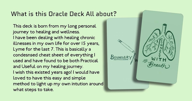 Puede incluir: Juego de cartas de or&aacute;culo con dos cartas visibles. Una carta tiene un dibujo a l&aacute;piz con la palabra "Boundary" y la otra una ilustraci&oacute;n de pulmones con las palabras "Connect with Breath". El texto de las cartas y el fondo son de color verde claro.