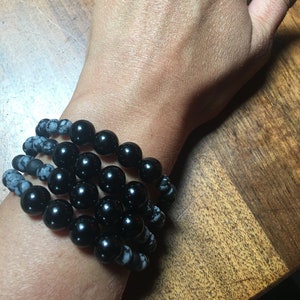 Black Obsidian, Snowflake Obsidian and Lava stone elastic healing bracelet