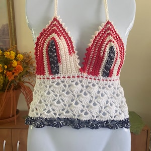 4th of July crochet halter top with corset back. Size Medium. Ships free next day and comes with 3 free gifts!