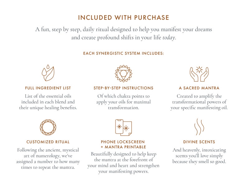 May include: A graphic illustration of a daily ritual designed to help manifest dreams and create profound shifts in life. The illustration includes a list of essential oils, step-by-step instructions, a sacred mantra, a customized ritual, a phone lock screen with a printable mantra, and divine scents.