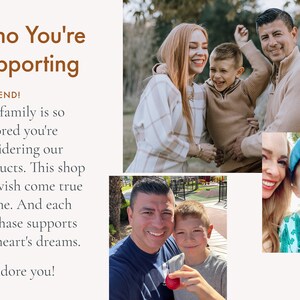 May include: A family of four smiles for a photo. The parents are holding their two young sons. The text "Who You're Supporting" is in the top left corner of the image. The text "HI FRIEND! Our family is so honored you're considering our products. This shop is a wish come true for me. And each purchase supports our heart's dreams. We adore you!" is in the bottom left corner of the image.