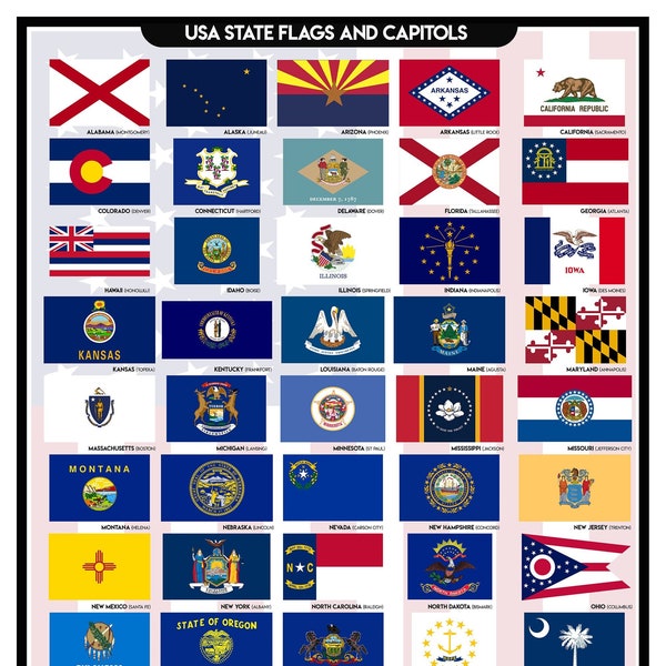 USA State Flags & Capitols Poster - Téléchargement numérique