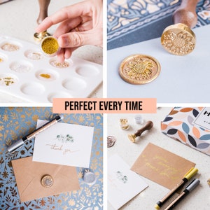 May include: A set of wax seal stamps with a floral design, a tray of gold glitter, a wooden handle, and a card with the text "thank you".