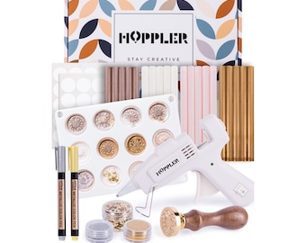 Kit de sello de cera profesional Hoppler con pistola de cera de sellado, palos de sello de cera, sello de cera, molde de sello de cera de silicona de 12 cavidades y extras