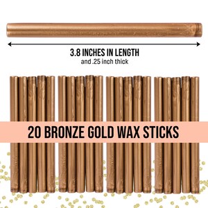 May include: Twenty bronze gold wax sticks, each 3.8 inches long and 0.25 inches thick.  The sticks are arranged in rows, with the text "20 BRONZE GOLD WAX STICKS" printed on a peach-colored banner.