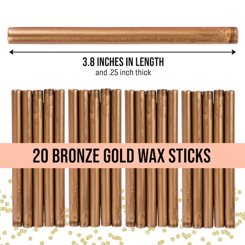 May include: Twenty bronze gold wax sticks, each 3.8 inches long and 0.25 inches thick.  The sticks are arranged in rows, with the text "20 BRONZE GOLD WAX STICKS" printed on a peach-colored banner.