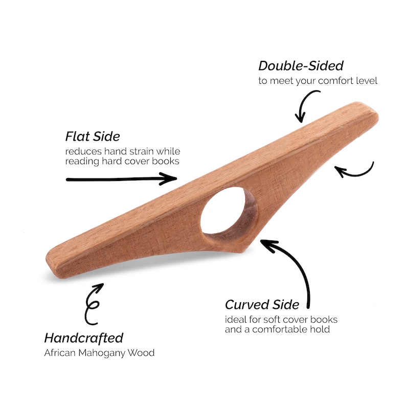 May include: A wooden book holder with a curved and flat side. The holder is designed to reduce hand strain while reading hard cover books. It is handcrafted from African Mahogany wood.