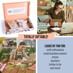 May include: A pink and white box with the words "Wonder" and "A feeling of surprise mingled with admiration, caused by something beautiful, unexpected, unfamiliar, or inexplicable."  The box contains a hot glue gun, glue sticks, and other craft supplies. The text "Totally Giftable!" is written in a pink banner.  The image also shows a person packaging a box and a person working on a laptop with craft supplies.