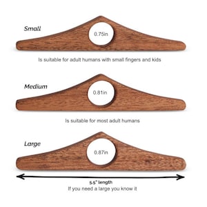 May include: Three wooden finger cots in different sizes: small (0.75 inches), medium (0.81 inches), and large (0.87 inches). The finger cots are designed to help people with small fingers or arthritis play the guitar.