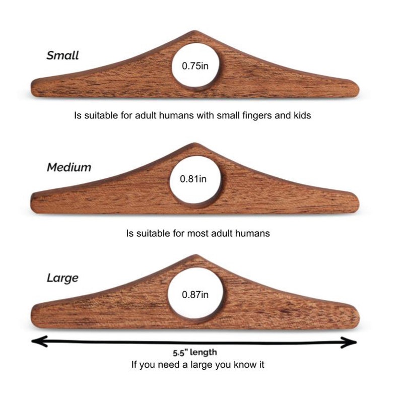 May include: Three wooden finger cots in different sizes: small (0.75 inches), medium (0.81 inches), and large (0.87 inches). The finger cots are designed to help people with small fingers or arthritis play the guitar.