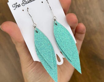 Aqua Blue Glitter leather earrings, oval teardrop leather earrings, dangle short leather earrings, small lightweight leather earrings