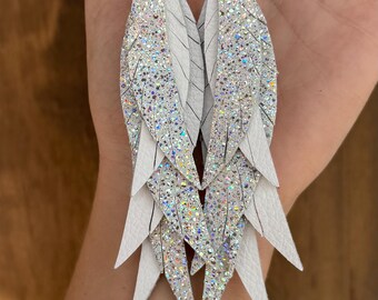 Layered Rainbow Leather Earrings, White Leather Earrings with Holographic, Lightweight Layered White Leather Earrings, NFR rodeo earrings