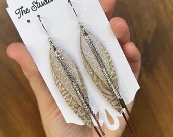 Champagne, Gold and silver Leather Earrings, women’s boho style leather earrings, small dangle leather earrings, teardrop leather earrings,