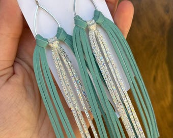 Fringe leather earrings, NFR jewelry, fringed hoop earrings, rodeo earrings, long leather earrings, leather statement earrings